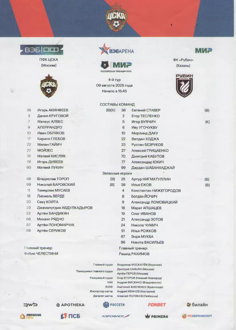 2025. Стартовый протокол. ЦСКА -Рубин(Казань).