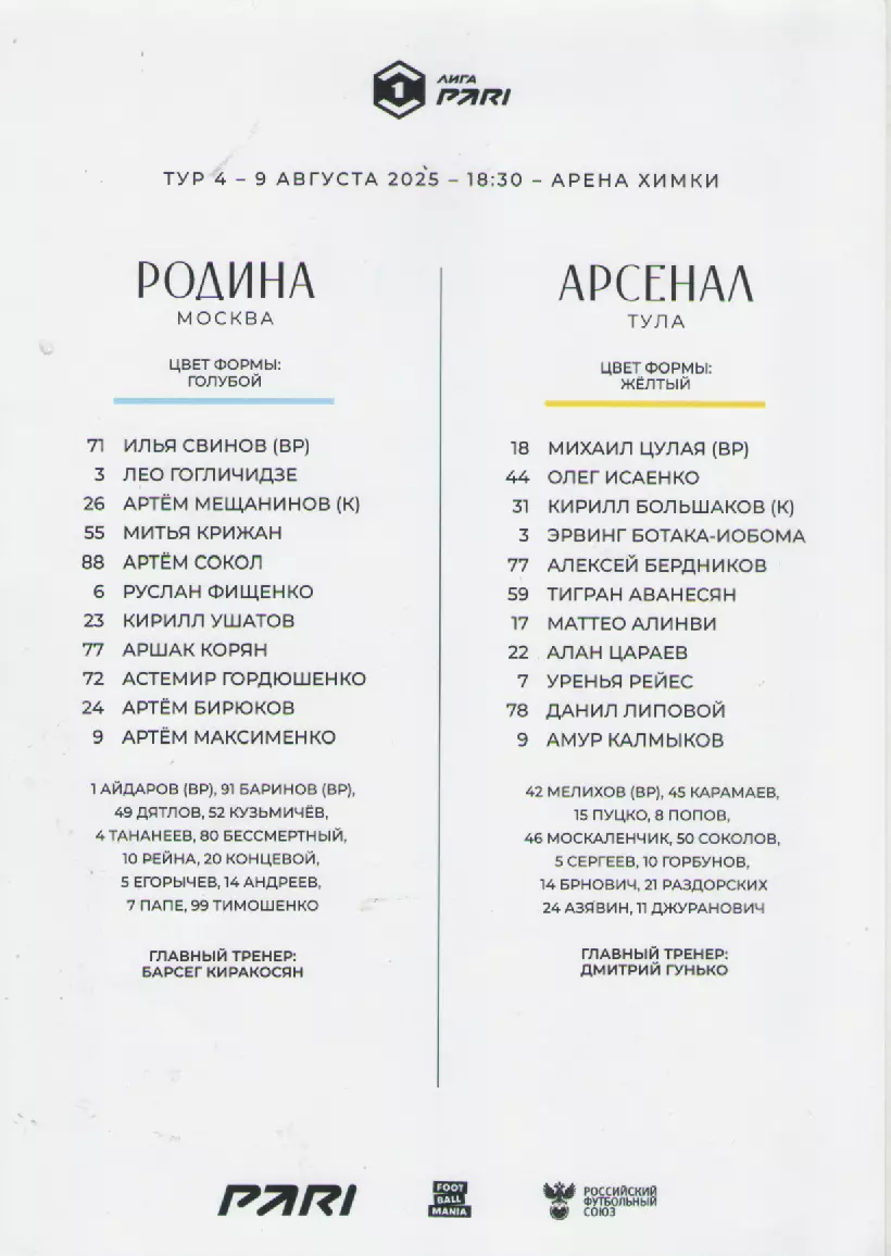 2025. Стартовый протокол. Родина(Москва)- Арсенал (Тула).