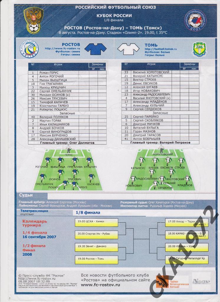 протокол Ростов Ростов-на-Дону - Томь Томск 2007 Кубок России 1/8