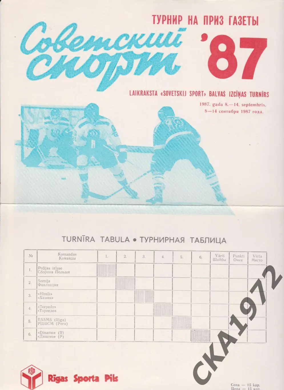 программа Турнир на призы газеты Советский спорт 8-14.09.1987 +++