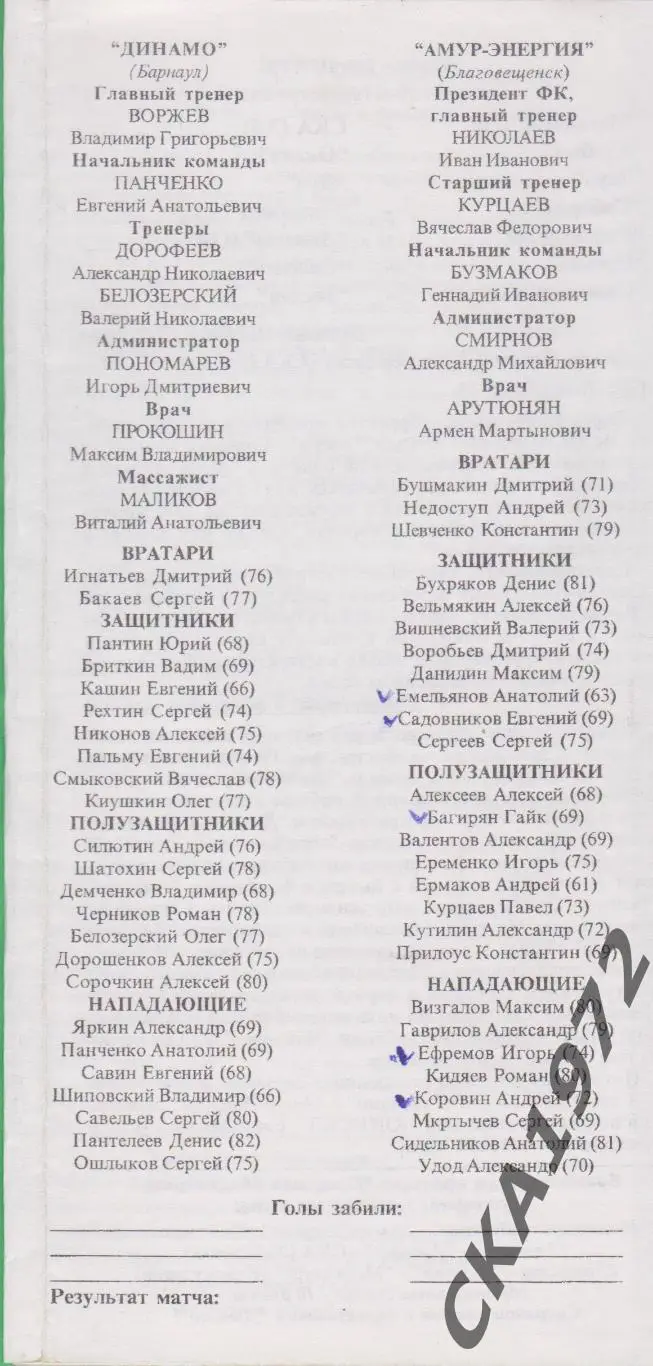 программа Динамо Барнаул - Амур Благовещенск 1999 +++ 1