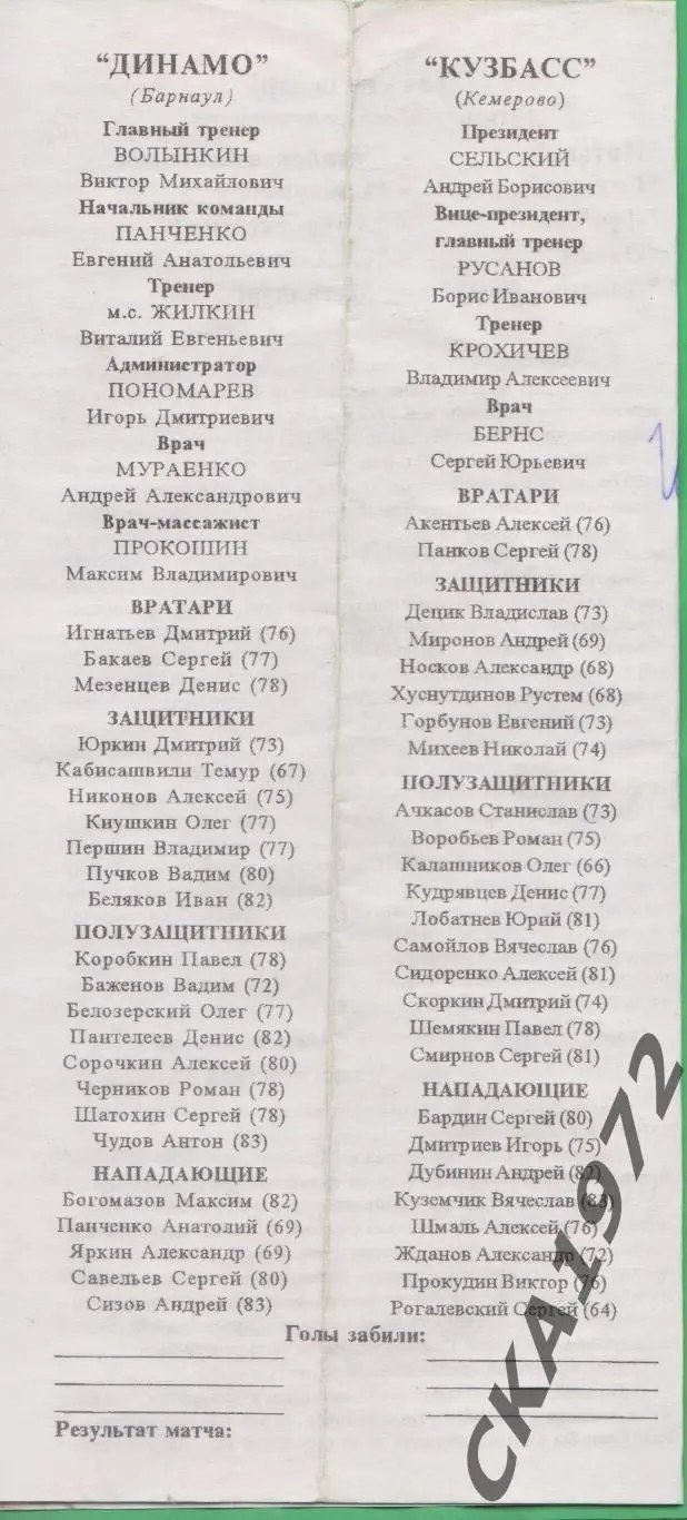 программа Динамо Барнаул - Кузбасс Кемерово 2000 +++ 1