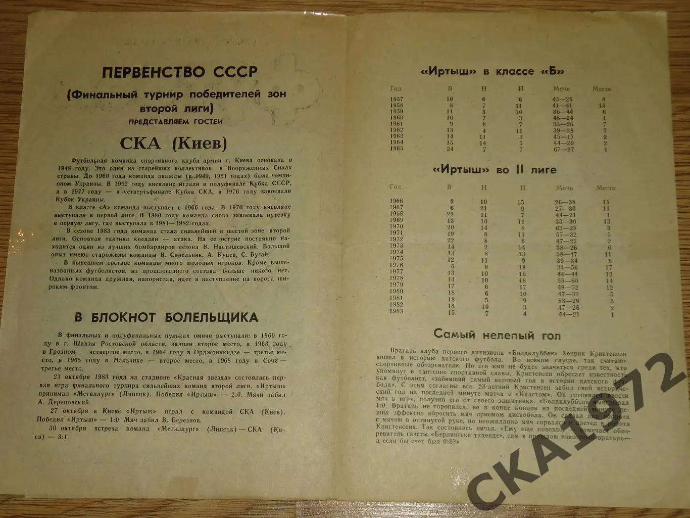 программа Иртыш Омск - СКА Киев 1983 +++ 1