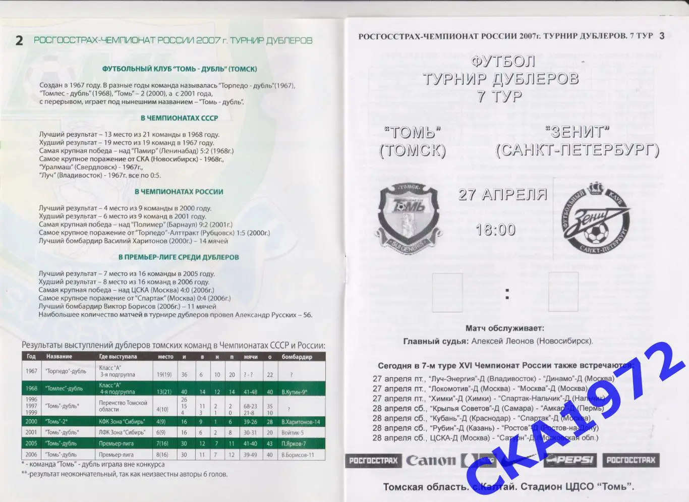программа Томь Томск - Зенит Санкт-Петербург 2007 дублеры 1