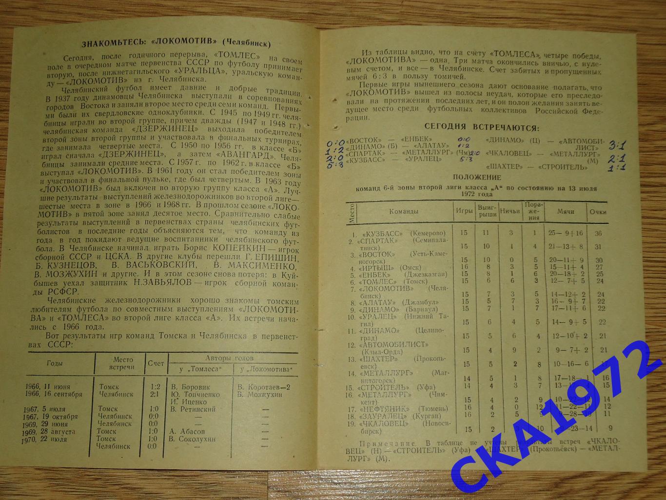 программа Томлес Томск - Локомотив Челябинск 1972 +++ 1