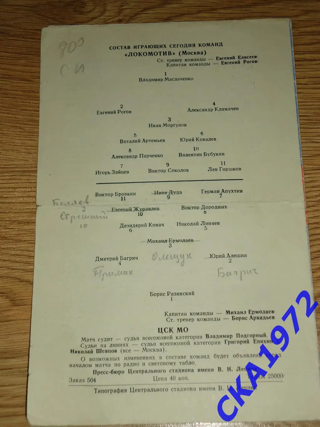 программа Локомотив Москва - ЦСК МО Москва 1959 1
