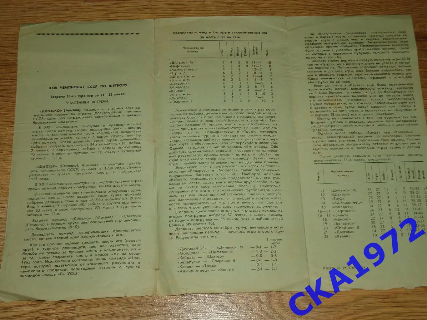 программа Динамо Москва - Шахтер Сталино (Донецк) 1961 1