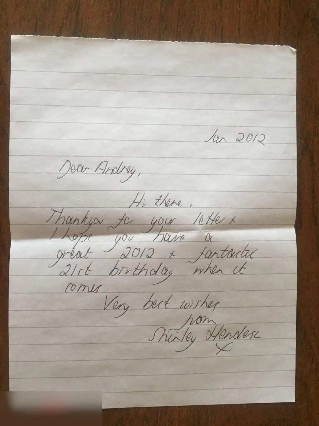 Ширли Хендерсон письмо 2012