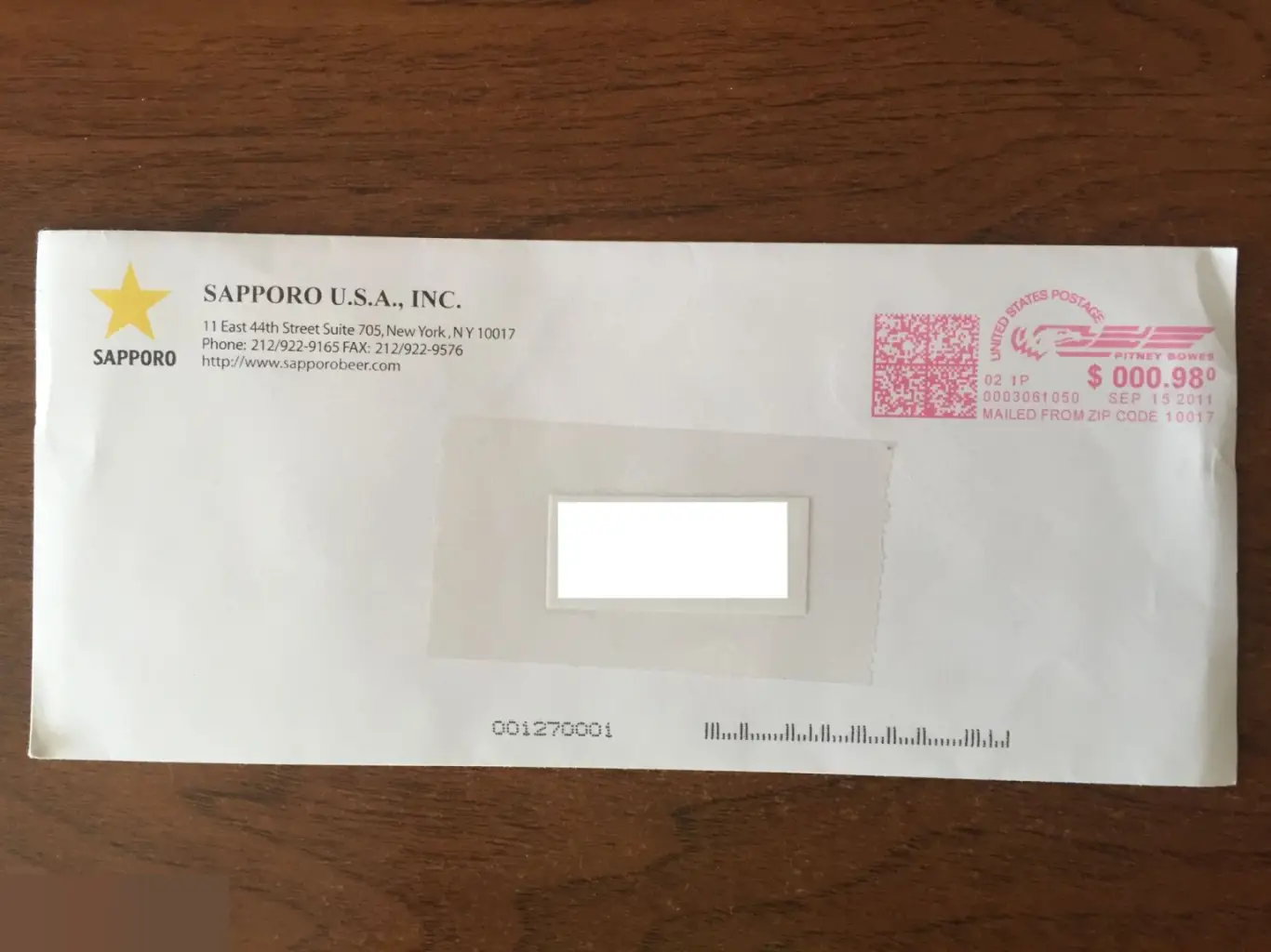 Конверт Sapporo U.S.A., Inc. США 2011