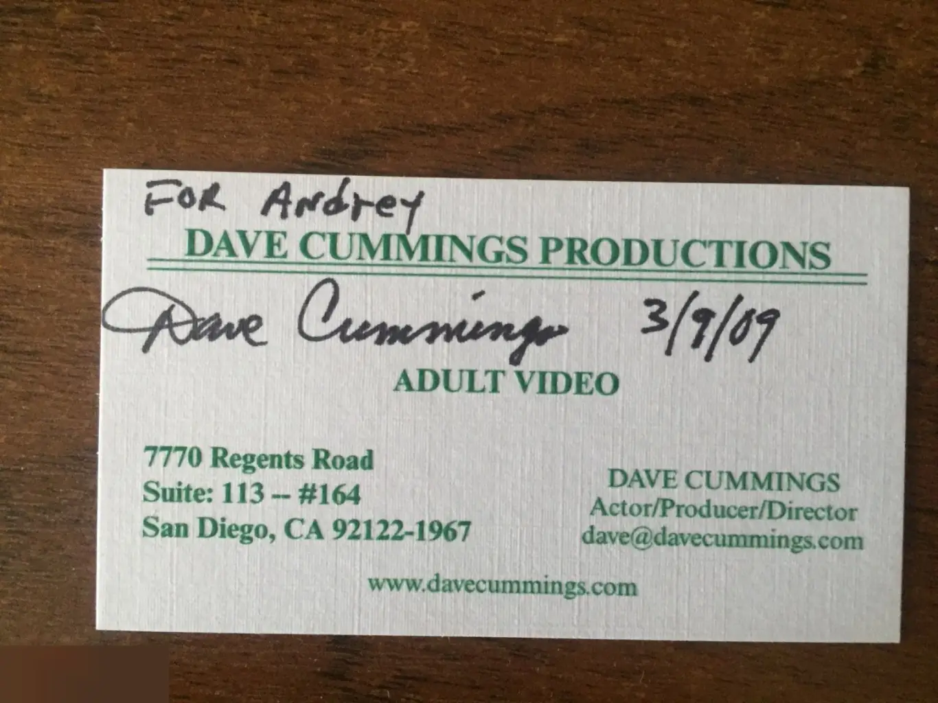 Дэйв Каммингс автограф на визитке
