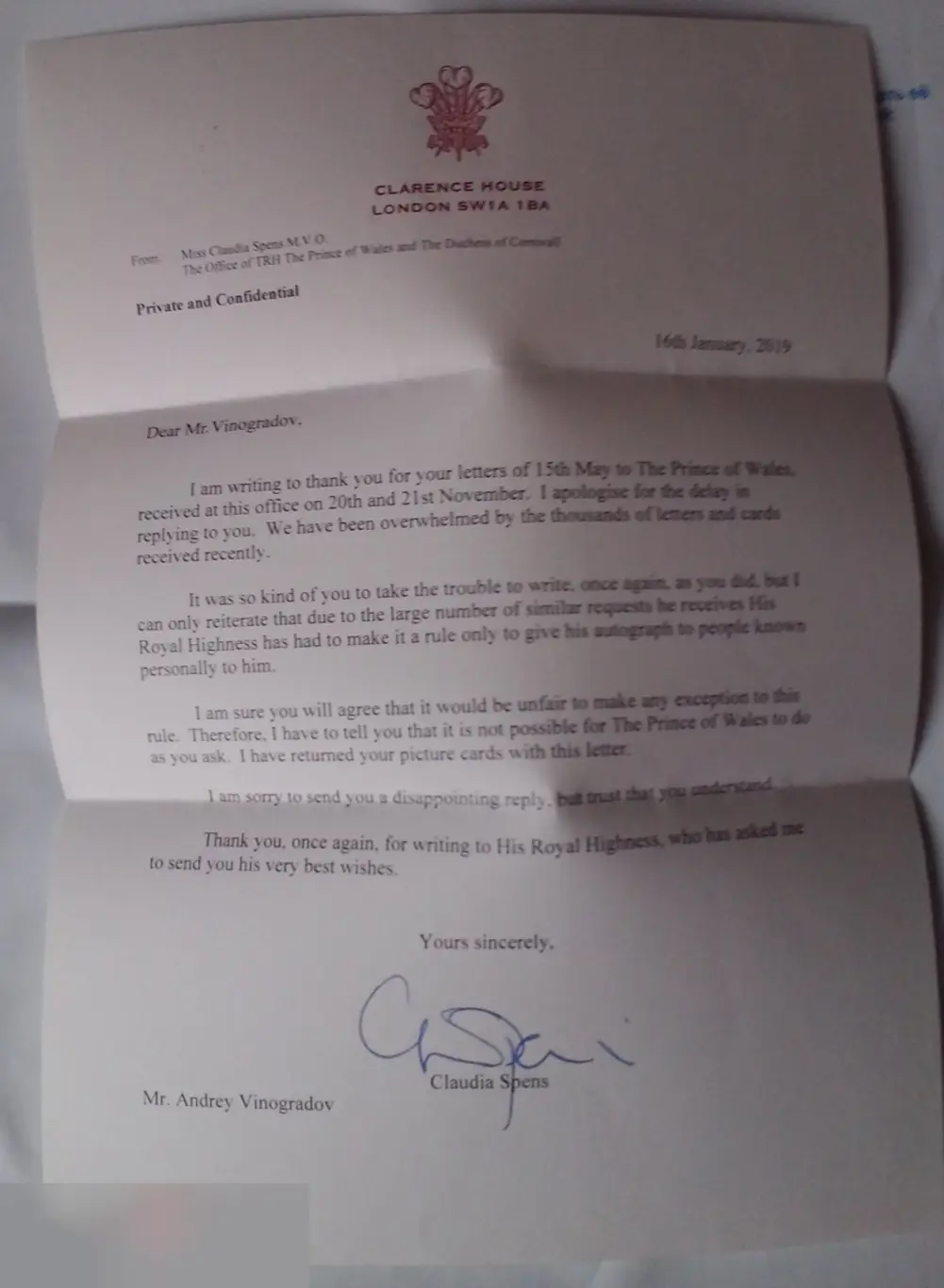 Конверт и письмо из Букингемского дворца 17.01.19 Чарльз, принц Уэльский