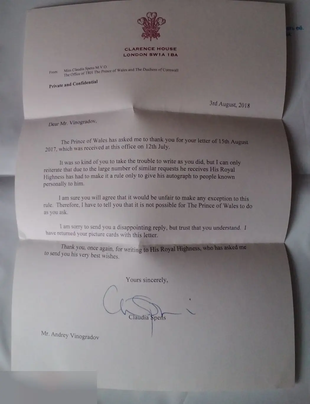 Конверт и письмо из Букингемского дворца 06.08.18 Чарльз, принц Уэльский