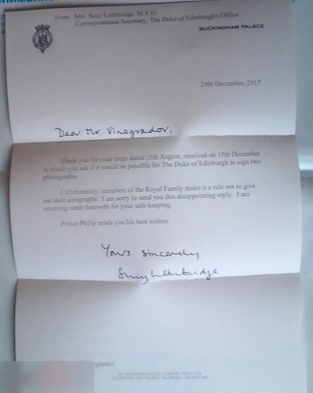 Конверт и письмо из Букингемского дворца 21.12.17 Филипп, герцог Эдинбургский