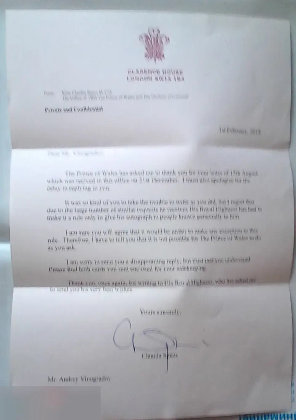 Конверт и письмо из Букингемского дворца 02.02.18 Чарльз, принц Уэльский