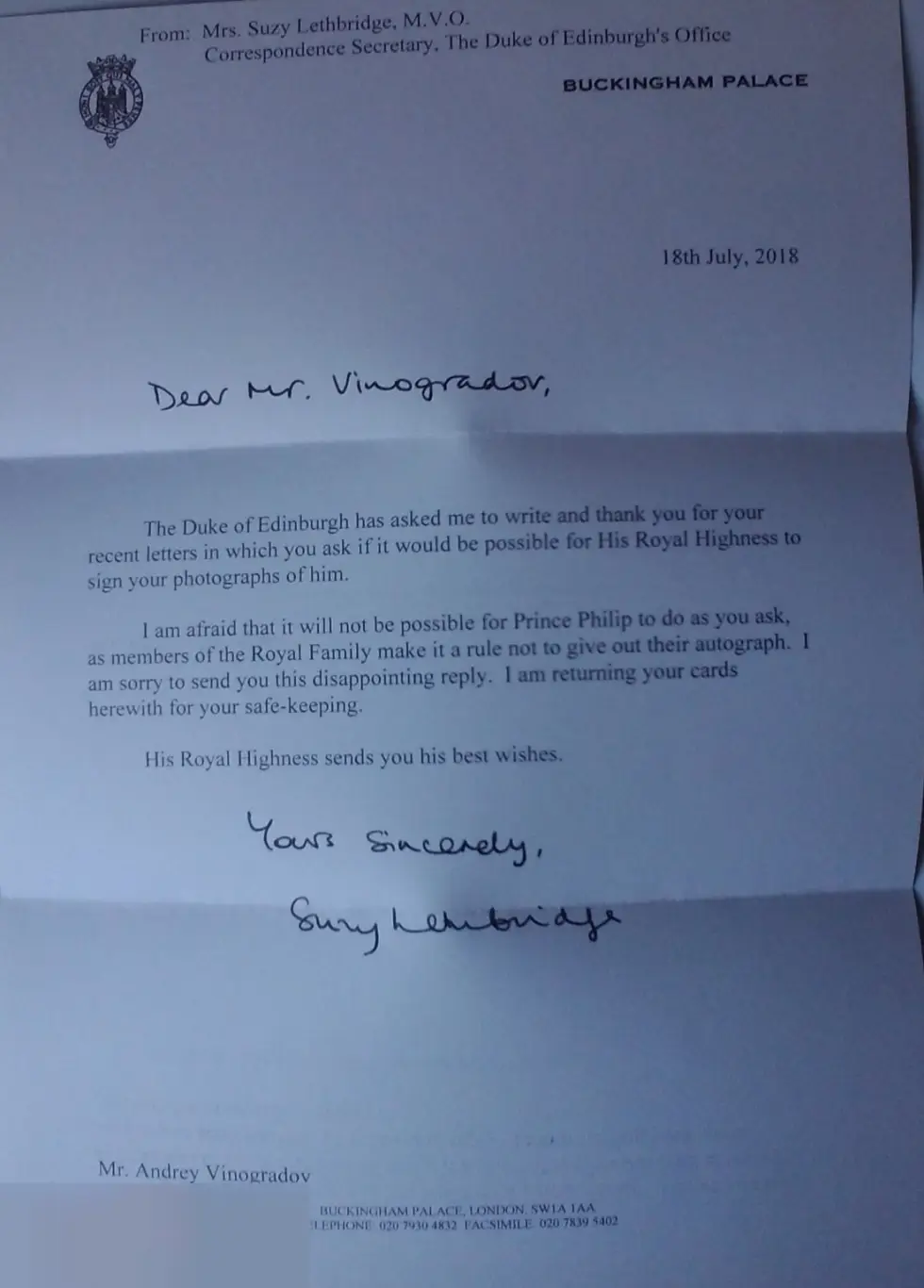 Конверт и письмо из Букингемского дворца 18.07.18 Филипп, герцог Эдинбургский