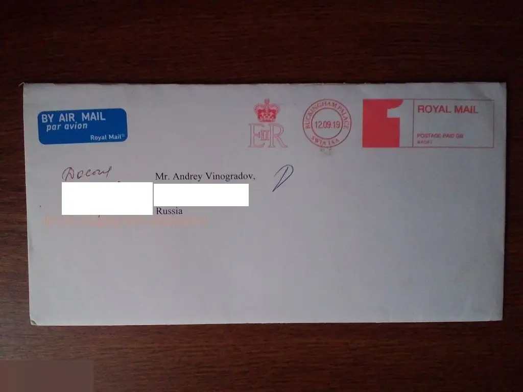 Конверт и письмо из Букингемского дворца 12.09.19 Чарльз, принц Уэльский 1