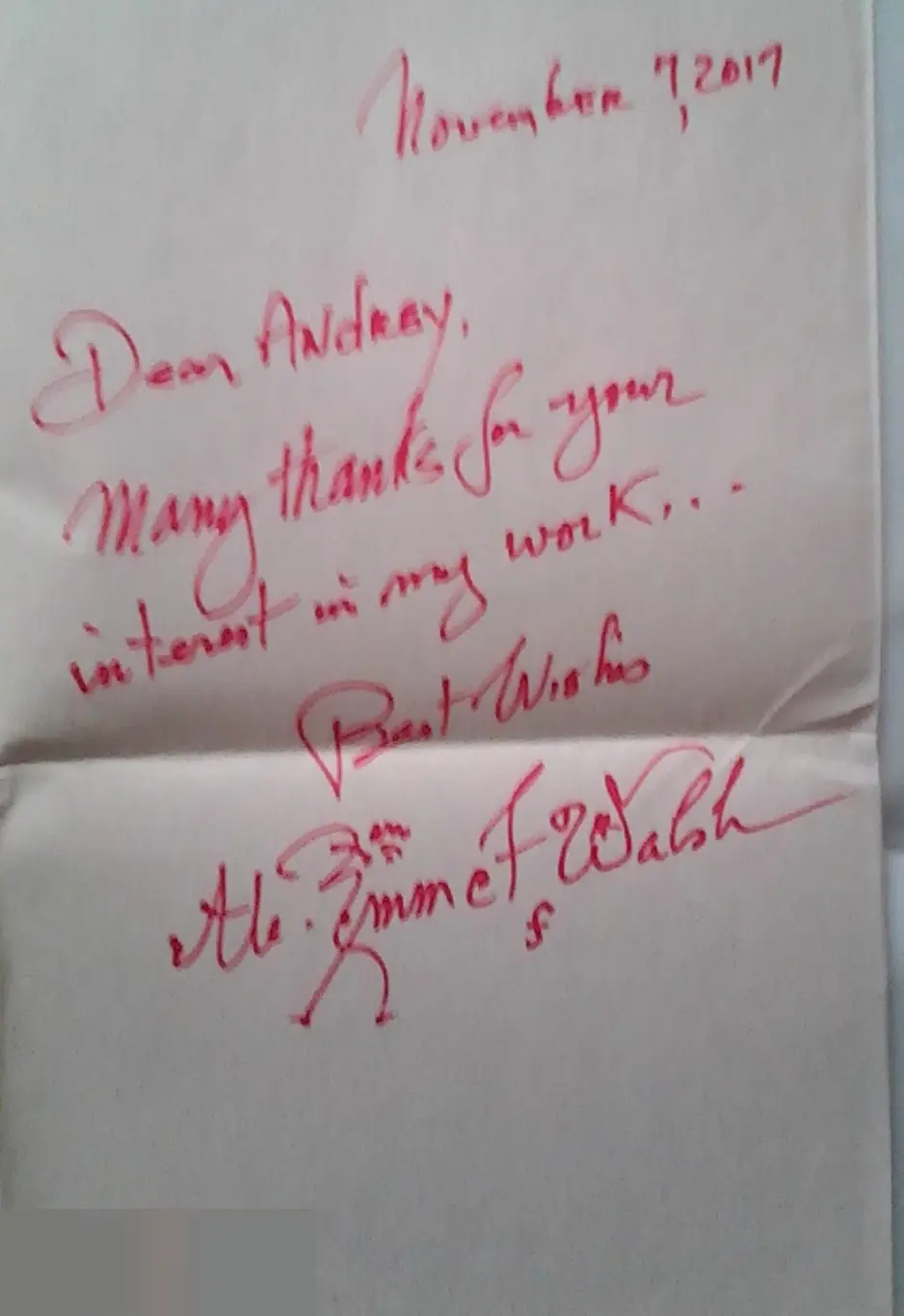 Майкл Эммет Уолш автограф записка