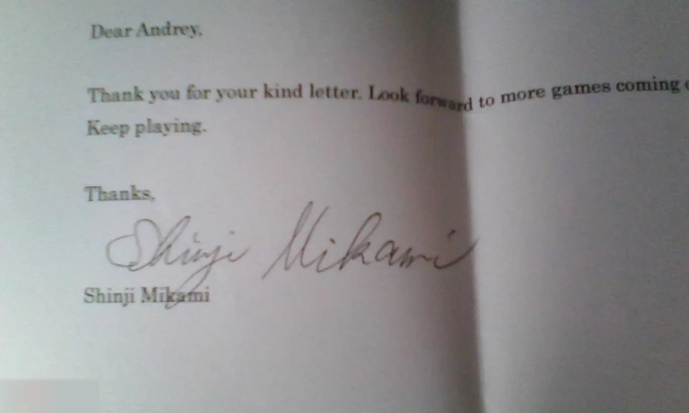 Синдзи Миками автограф на письме