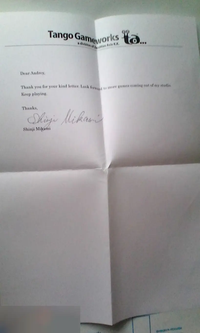 Синдзи Миками автограф на письме 1