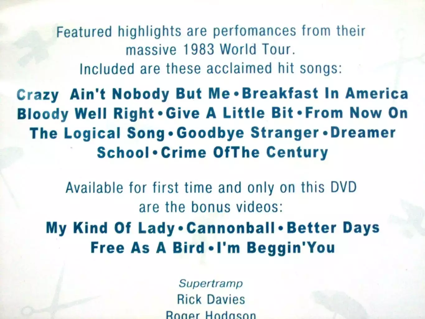 SUPERTRAMP-THE STORY SO FAR 1983 WORLD TOUR DVD 2