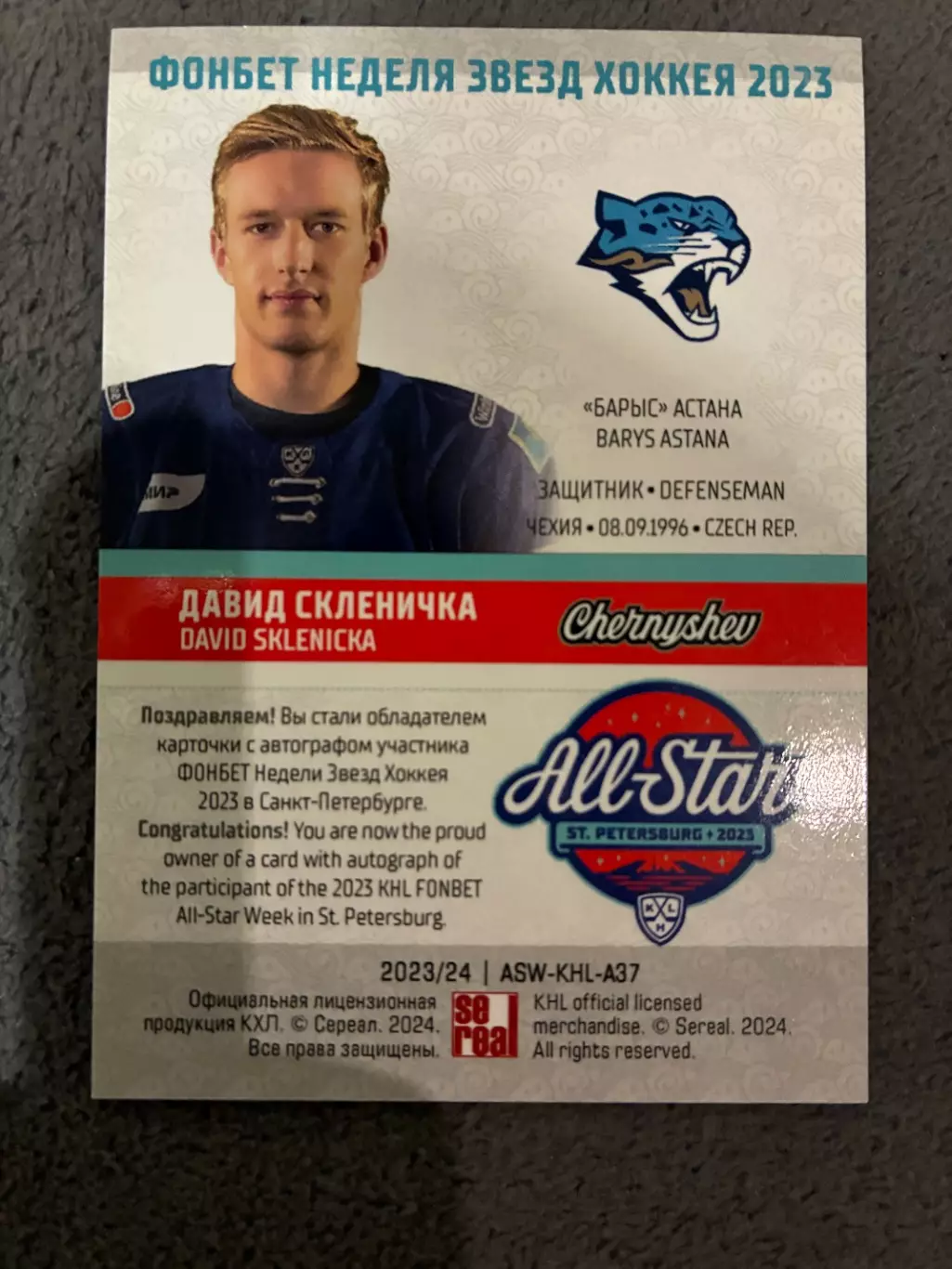 Хоккейная карточка Матча Звезд КХЛ 23/24 Дэвид Скленичка 6/10 1
