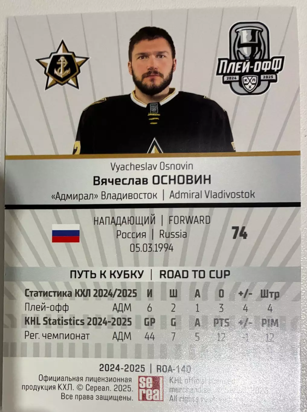 Хоккейная карточка Вячеслав Основин 1