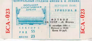 !!!РАСПРОДАЖА!!! 1991. СССР - Италия. Билет