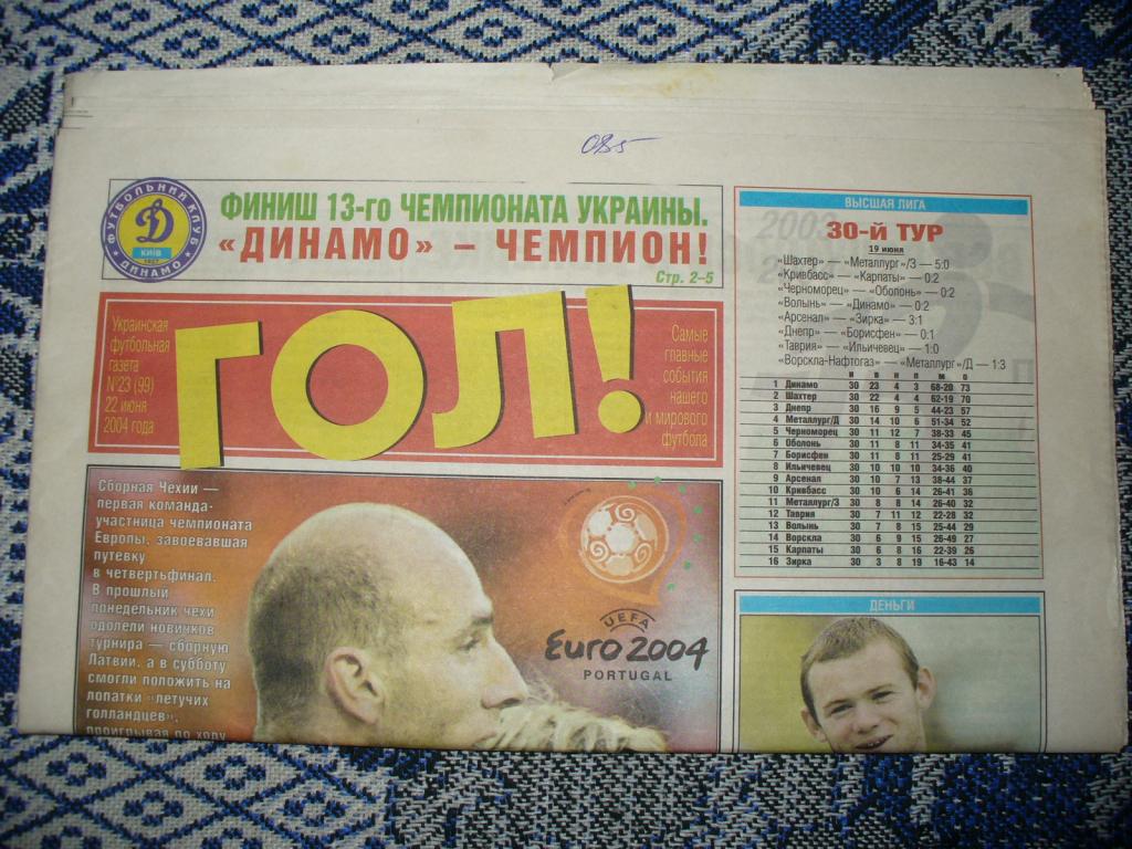 Газета ГОЛ! 22.06.04 матчи EURO 2004! ДИНАМО-ЧЕМПИОН! (13 Чемпионат Украины) 2