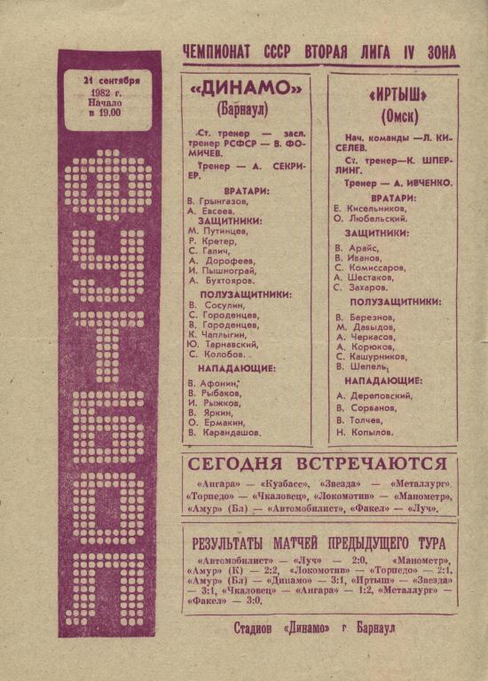 Динамо Барнаул - Иртыш Омск 21. 09. 1982
