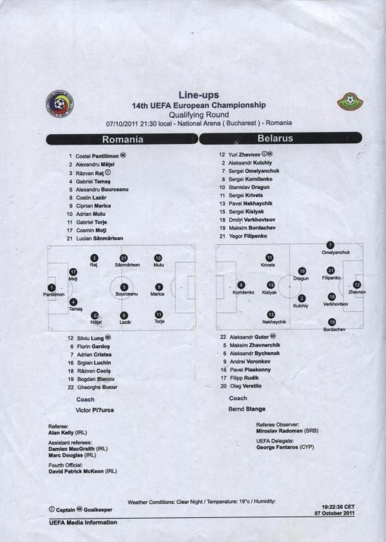 team - sheet RUMANIA v BELARUS 07.10.2011 European championship qualif.