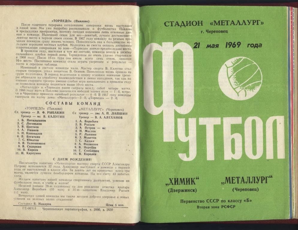 Комплект домашних программ Металлург Череповец 1969. (в переплете - книга) 1