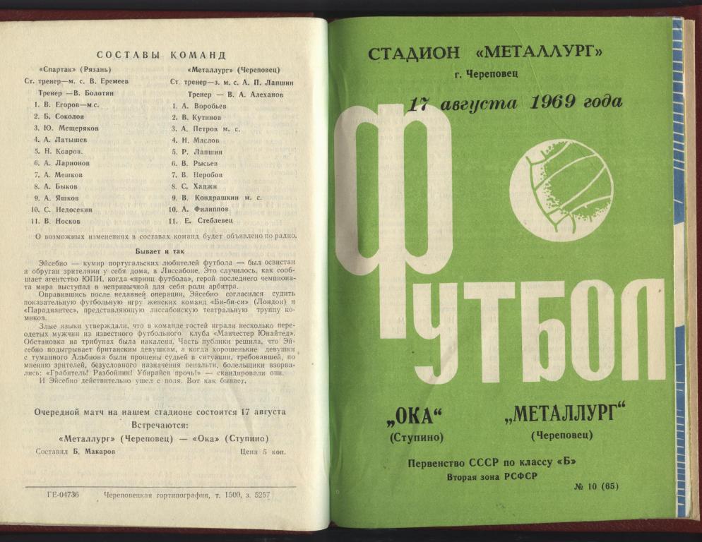 Комплект домашних программ Металлург Череповец 1969. (в переплете - книга) 6