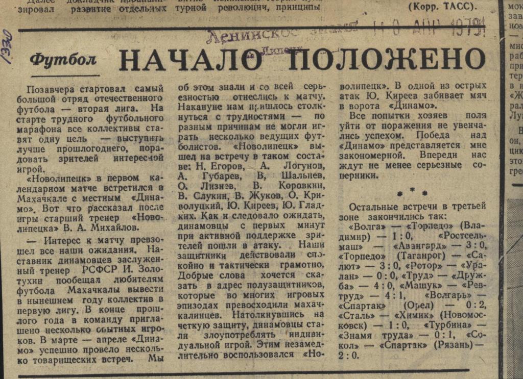 отчет об первом матче нового чемпионата Металлург Липецк. 1979 .