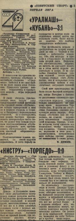 .отчет о матче Уралмаш Свердловск - Кубань Краснодар, и других игр тура 1979