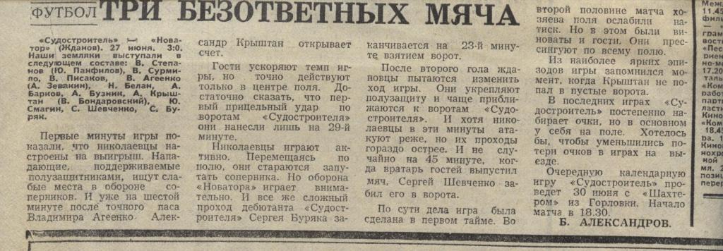 отчет о матче Судостроитель Николаев - Новатор Жданов 1982 .