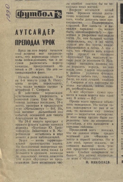 отчет о матче Факел Воронеж - Бустон Джизак 1983 . .Аутсайдер преподал урок .