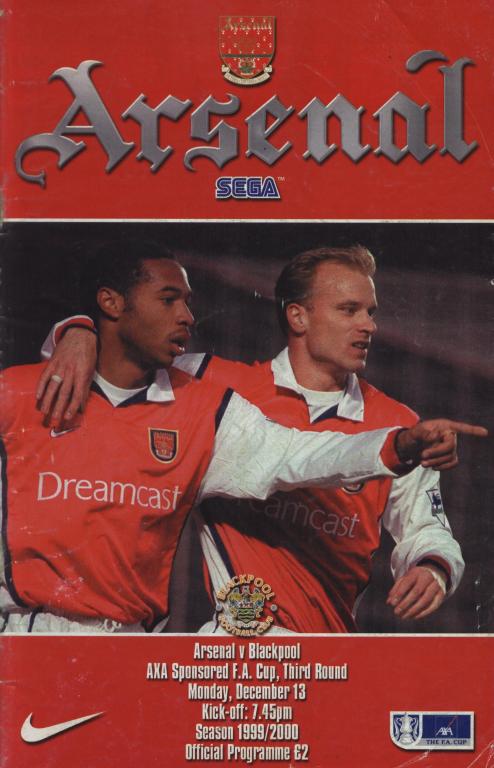 Arsenal London v Blackpool 13.12. 1999 The FA Cup sponsored by AXA