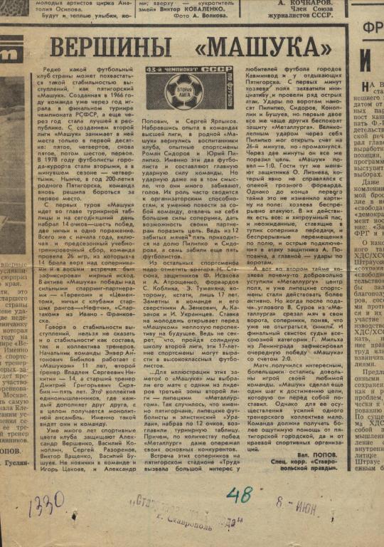 обозрение о футбольном клубе Машук Пятигорск 1980 .
