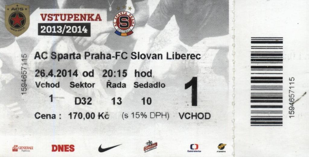 АС Sparta Praha - FC Slovan Liberec 26.04. 2014 билет