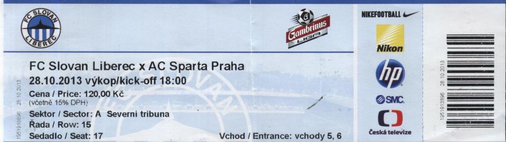 FC Slovan Liberec - АС Sparta Praha 28.10. 2013 Gambrinus liga билет