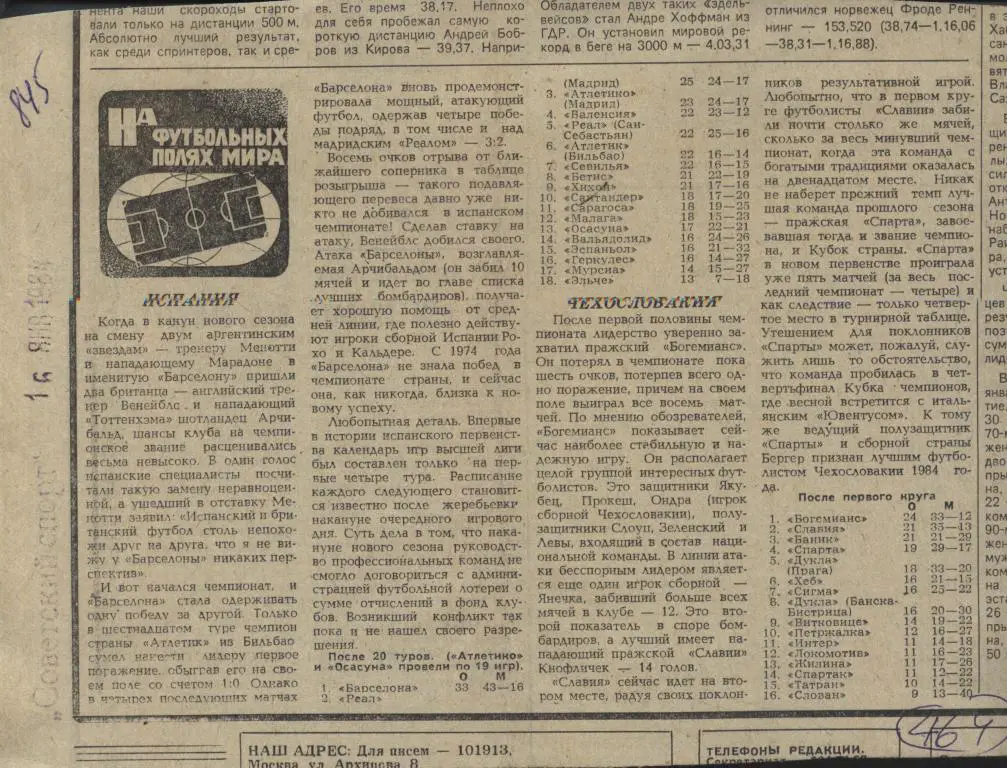На футбольных полях мира. Испания, Чехословакия. 1984. (464)
