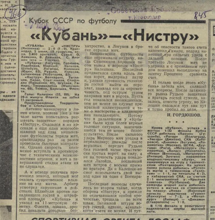 Отчет о матче Кубка СССР Кубань Краснодар - Нистру Кишинев 1985 . (466)
