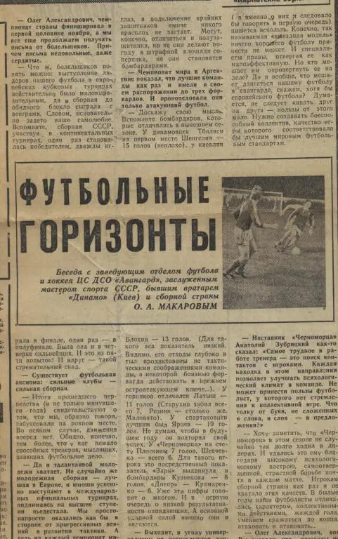 Футбольные горизонты. Беседа с бывшим вратарем сб/ СССР и Д. Киев О.Макаровым