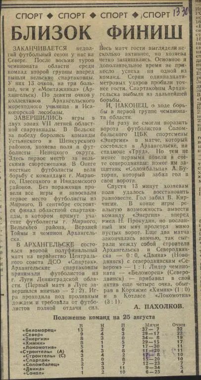 Близок финиш. Обзор Архангельского футбола. 1978 (653)