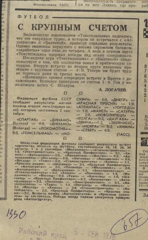 С крупным счетом. Обзор игр первой лиги и Ивановского футбола. 1978 (657)