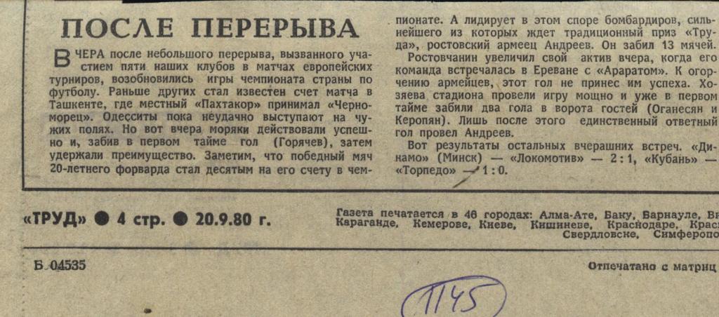 После перерыва. Обзор матчей высшей лиги. 1980 (1145)