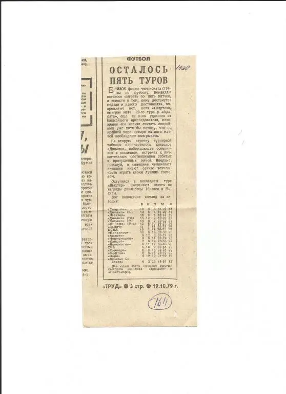 Осталось пять туров до финиша турнира высшей лиги. 1979 (1611)