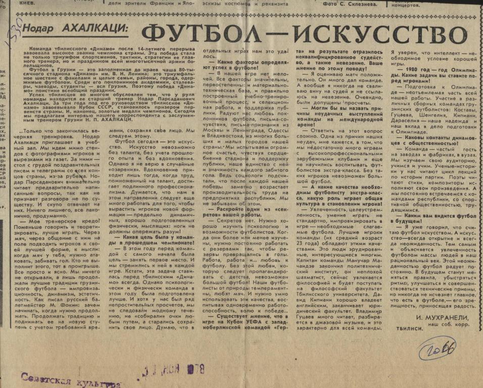 Н. Ахалкаци. Футбол - искусство. Интервью с тренером. 1978 (2066)