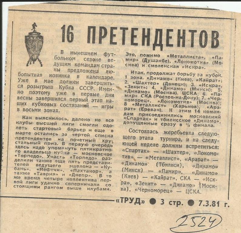 16 претендентов в борьбе за Кубок СССР 1981 (2524)