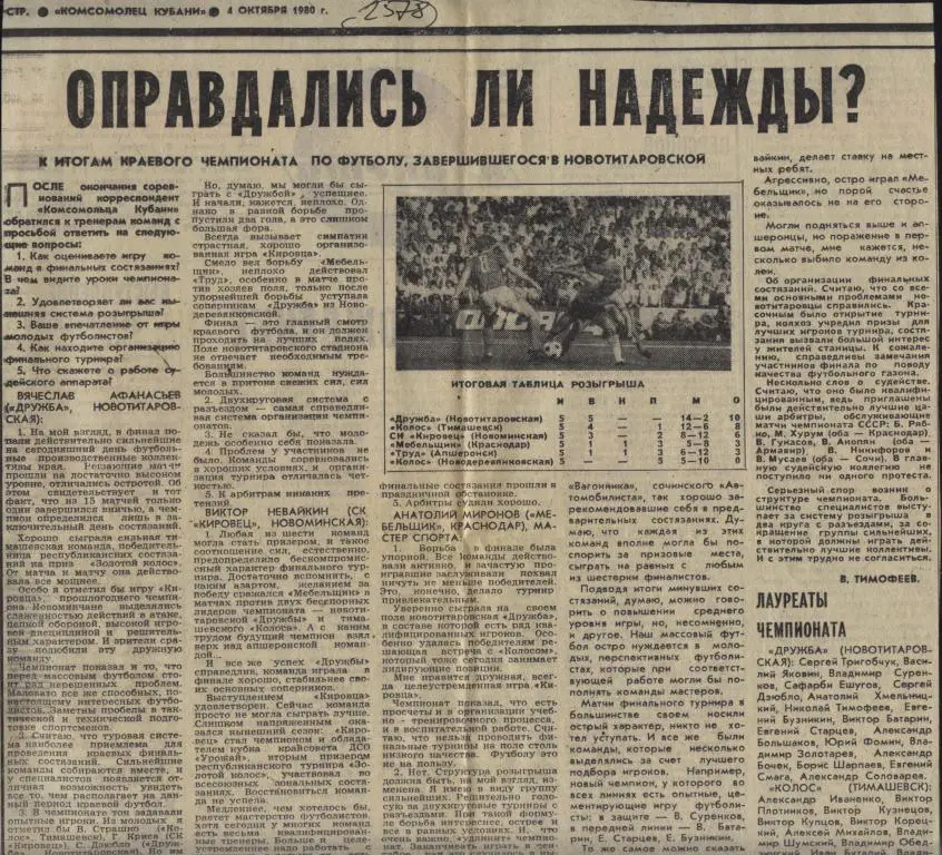 Оправдались ли надежды ?. К итогам турнира Краснодарского края.1980. (2578)